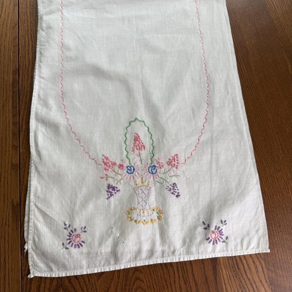 Vtg Embroidered Crochet Dresser Scarf Table Runner Flower Basket Thin Fabric EUC